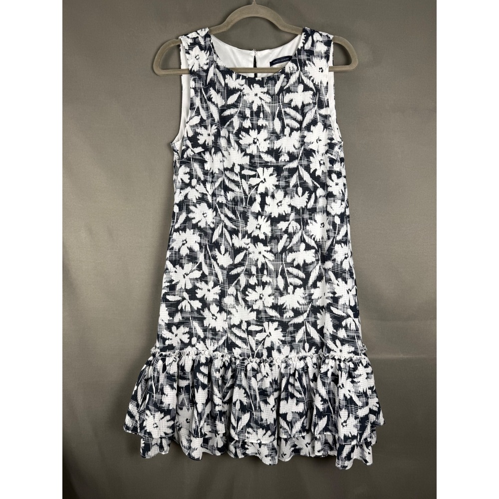 Tommy Hilfiger Floral Shift Dress Womens 8 Blue White Ruffle Drop Waist Hem